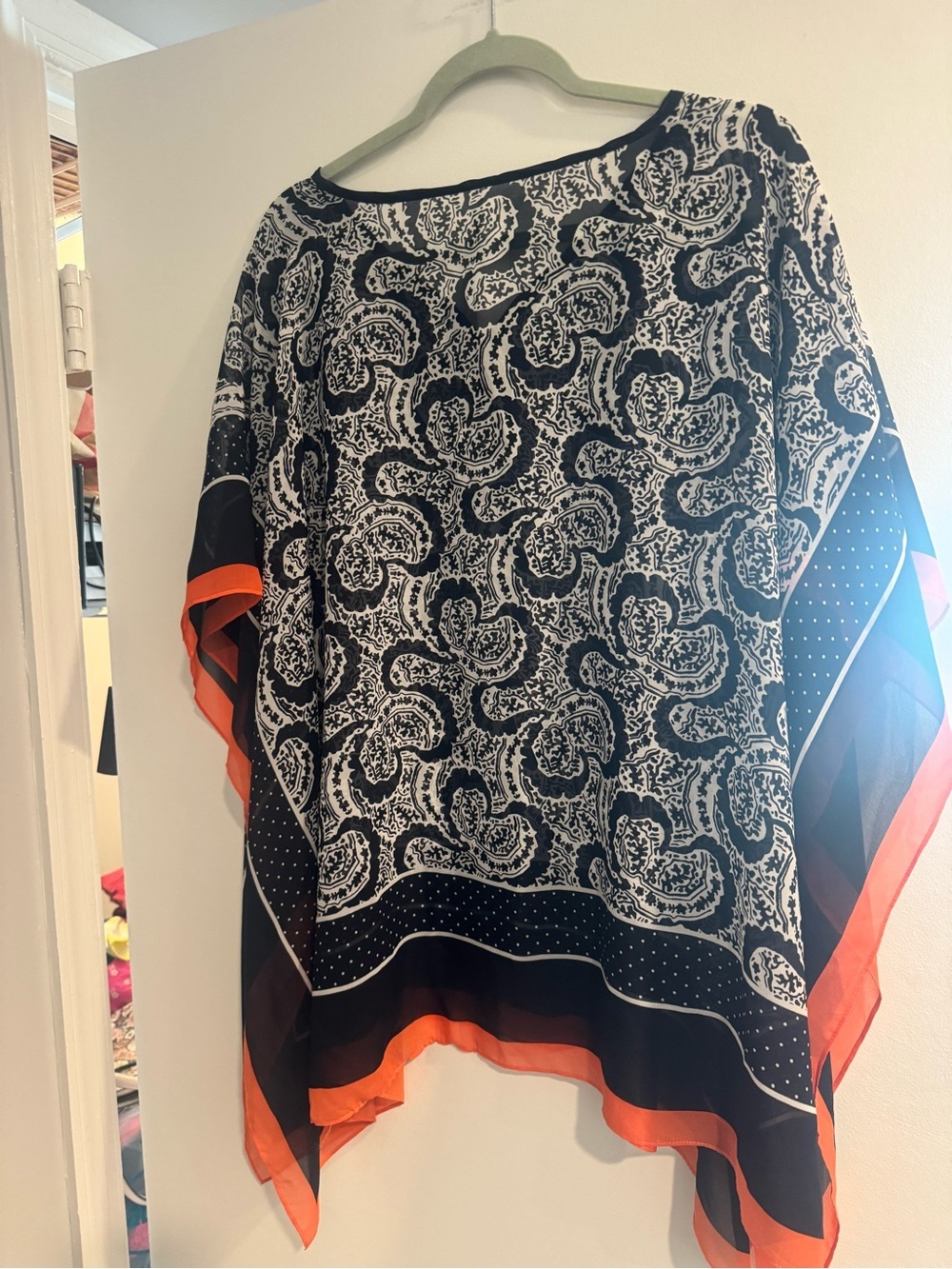 Navy White Paisley Overlay Top with Orange Trim Cottagecore Women's Blouse - Picture 6 of 6